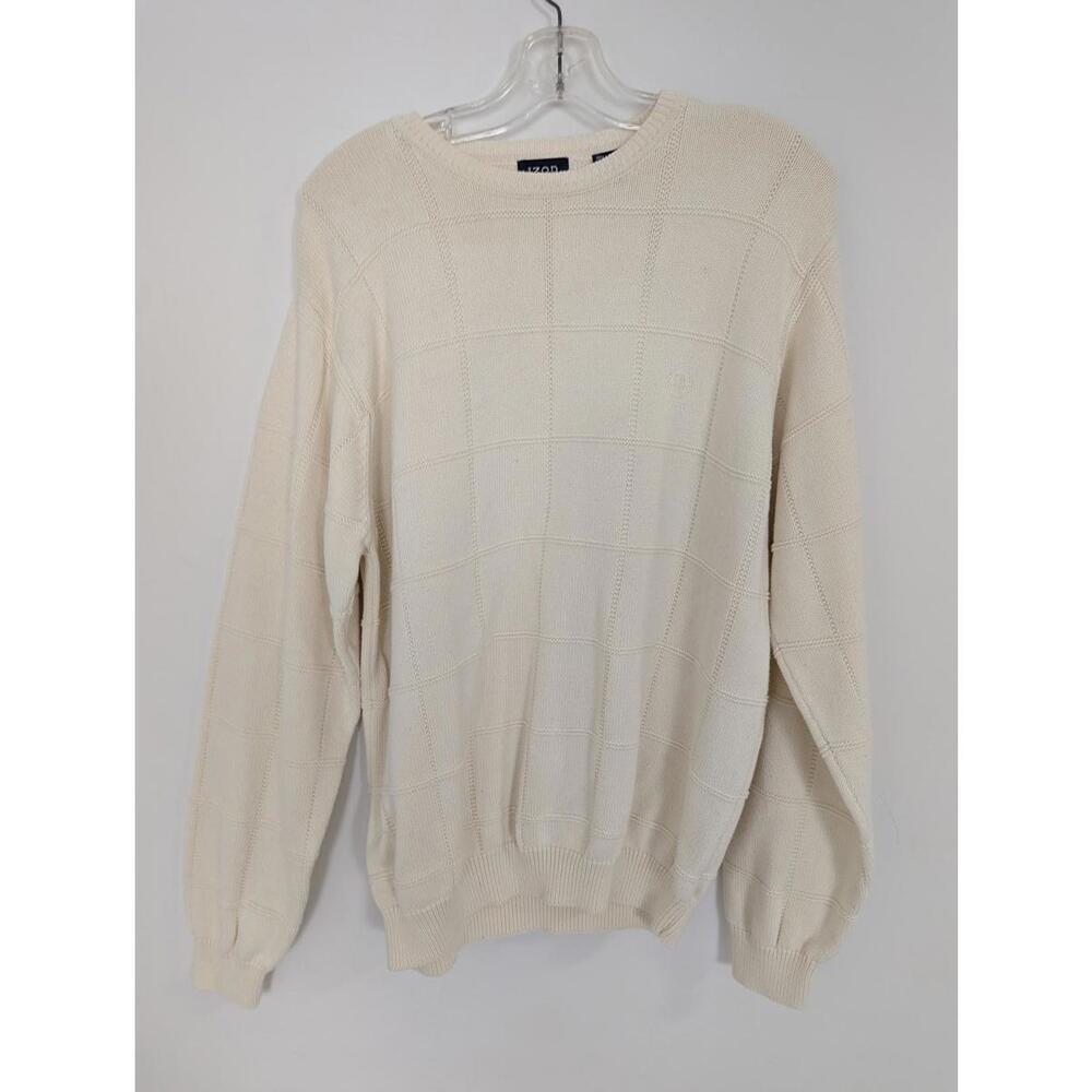 Vintage Izod Men's Crew Neck Cream Sweater Size Large 100% Cotton Quiet Luxury